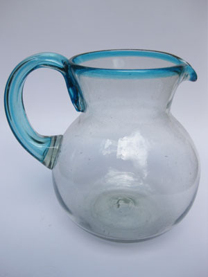 MEXICAN GLASSWARE / 'Aqua Blue Rim' blown glass pitcher